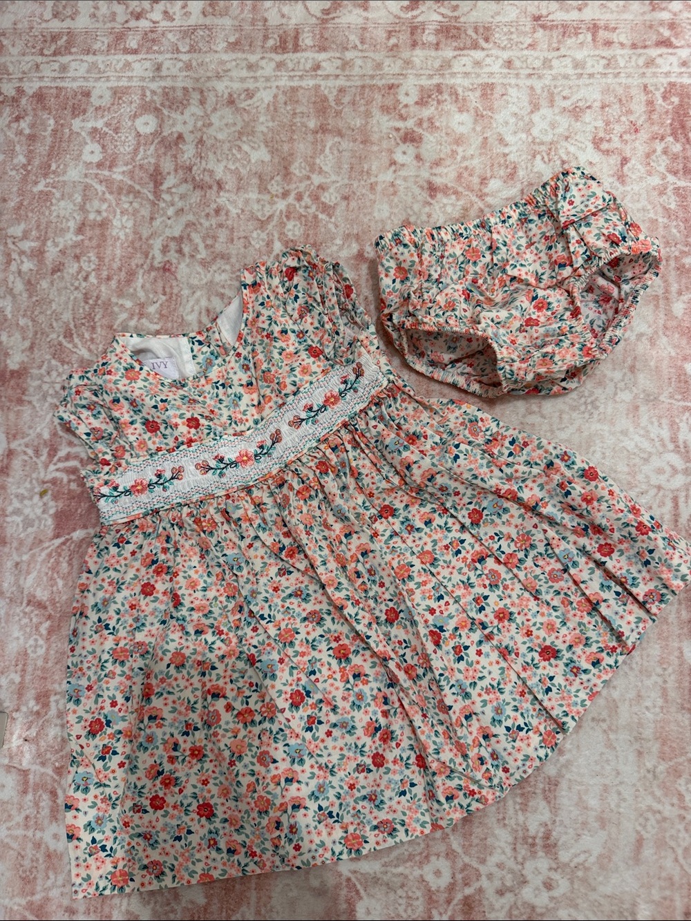 iris & ivy Floral Smocked Dress with Bloomer - Coral, Teal, Cream